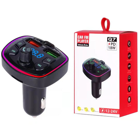 Q7 Bluetooth FM Transmitter and Charger for cars, featuring hands-free calling and USB charging in a compact design.