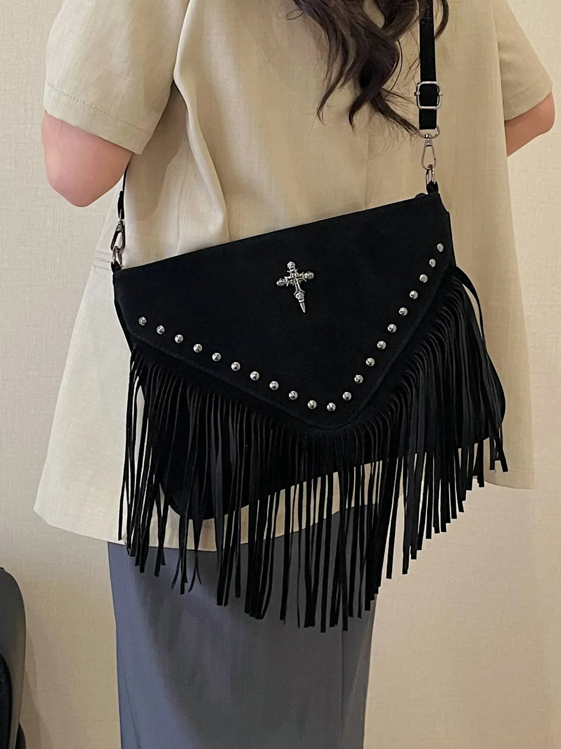 Fringe Studded Crossbody Bag
