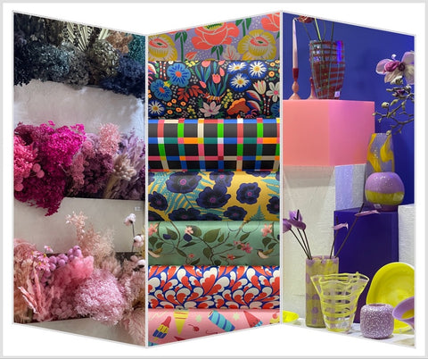 colourful image showing a flowwrs, gift wrap and glass vases with colours pink, blue, chartreusee
