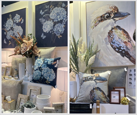 Blue and white inspired home decor, kookaburra and interior styling