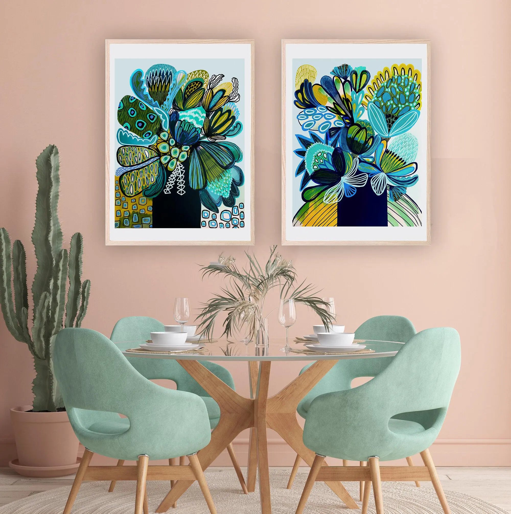 Australia Blue Abstract Flower Wall Art Print Set - Kirsten Katz