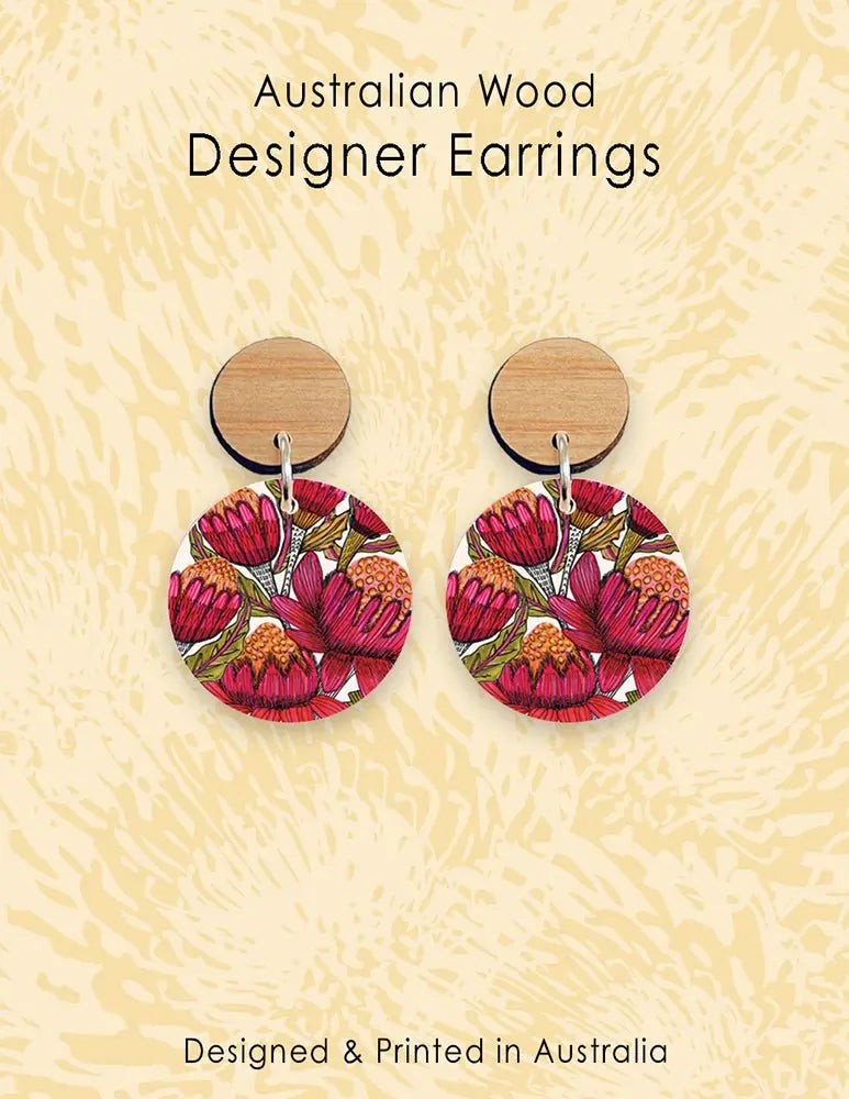 Australian Waratah Flower Wooden Earrings - Kirsten Katz