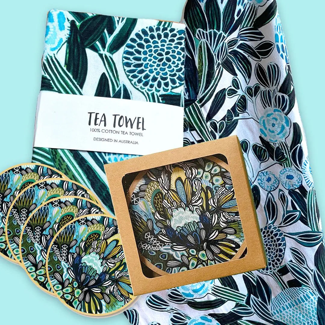 Blue Banksia Tea Towel & Coaster Set Kirsten Katz