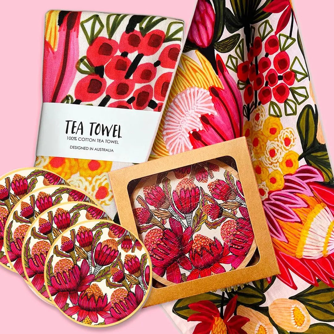 King Proteas Tea Towel & Coaster Set Kirsten Katz