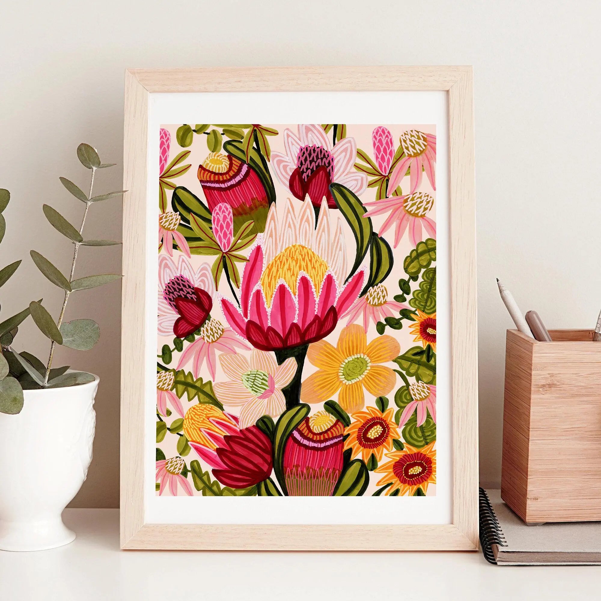 King Red Protea Print with Flowers Kirsten Katz