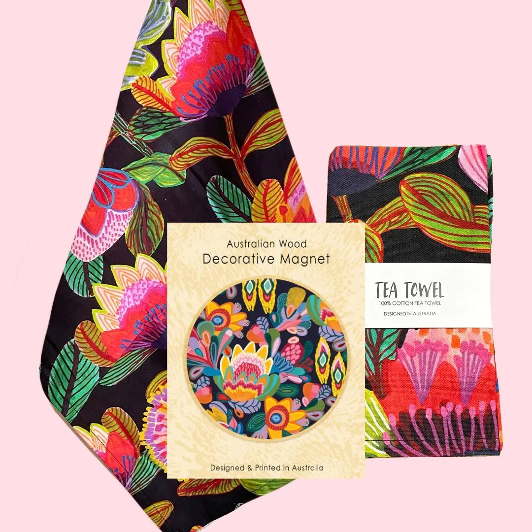 Protea Fantasy Tea Towel & Wooden Fridge Magnet Gift Set - Kirsten Katz