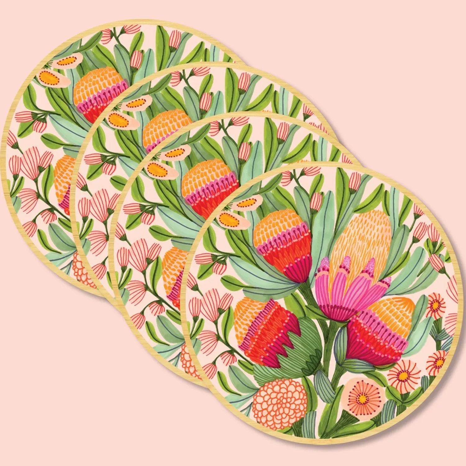 Protea & Gum Blossoms Australian Wooden Coaster Set Kirsten Katz