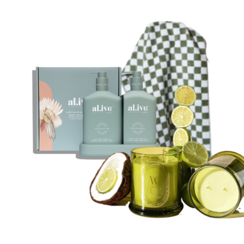 Green Check Hand Towel, Green Glass Scented Candle, Al.ive duo green gift set