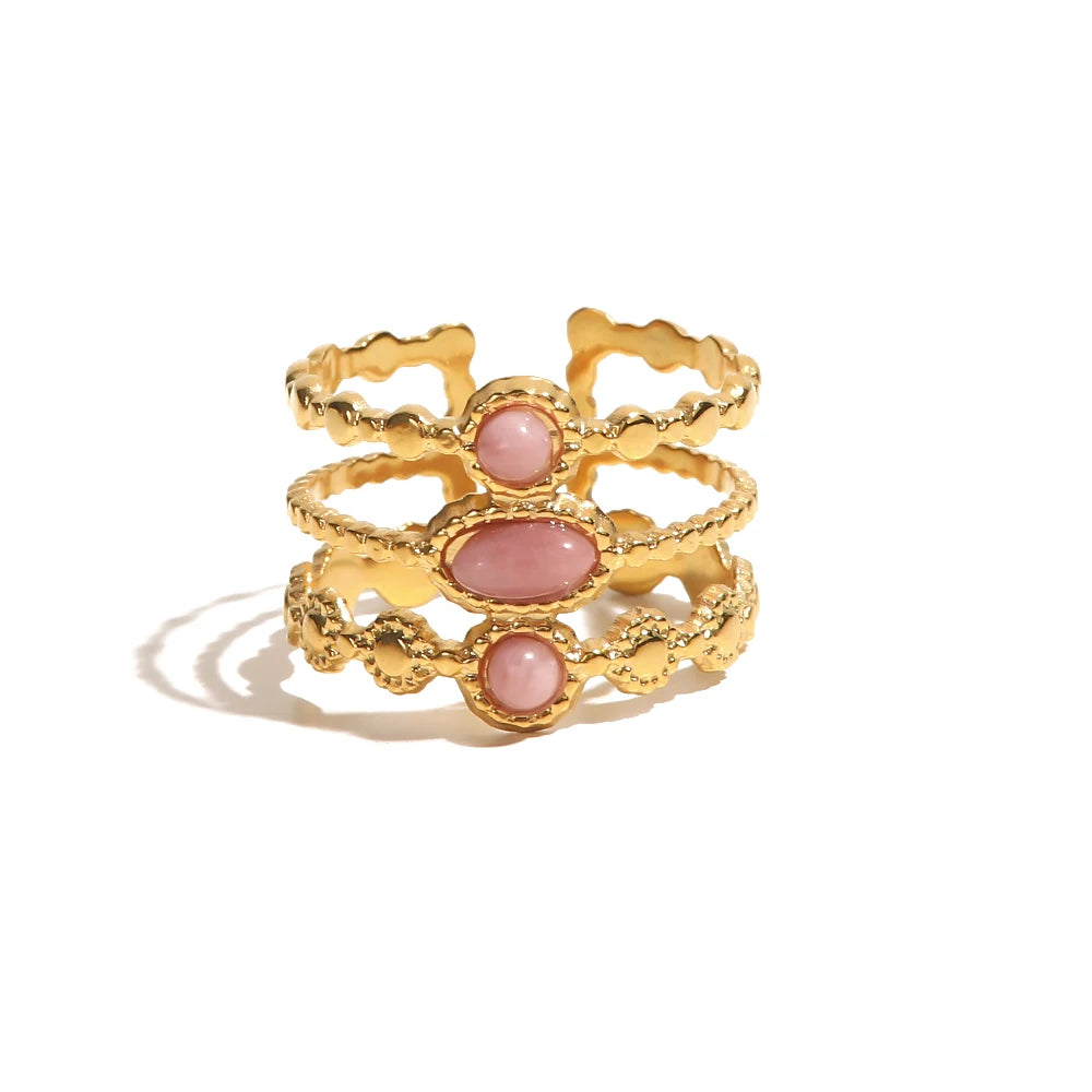 Ecooin Stainless Steel Gold Plated Three-Row Pink Stone Ring - Image 6
