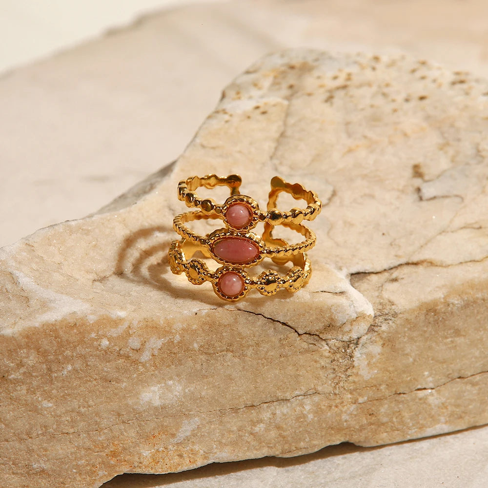 Stainless Steel Gold Plated Three-row Pink Stone Ring