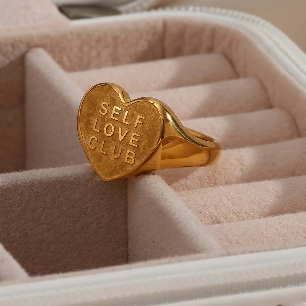 Vintage SELF LOVE CLUB Ring Motto Engraved Heart shaped Ring