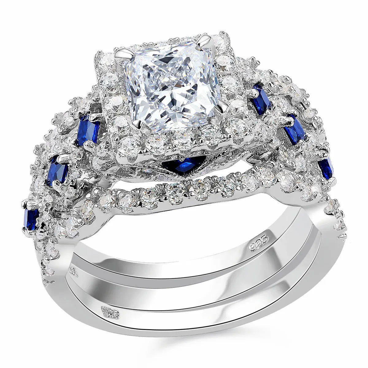 3 Pcs Princess Cut White Blue Rings