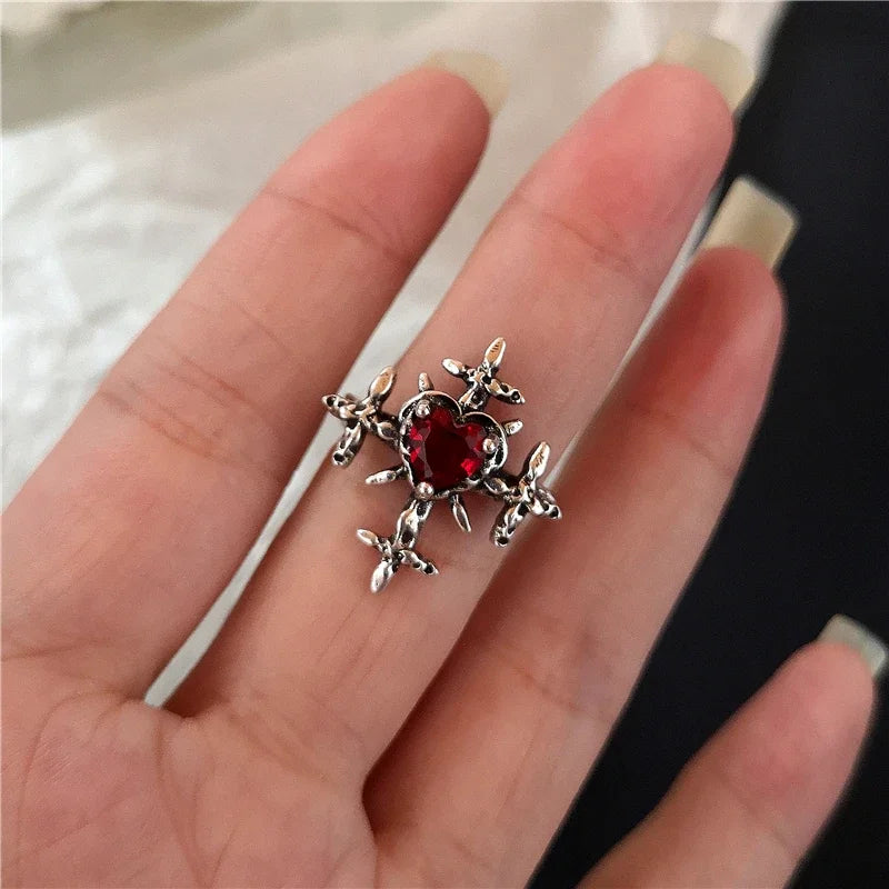 Angelofvogue Goth Punk Red Crystal Heart Cross Open Ring - Image 10
