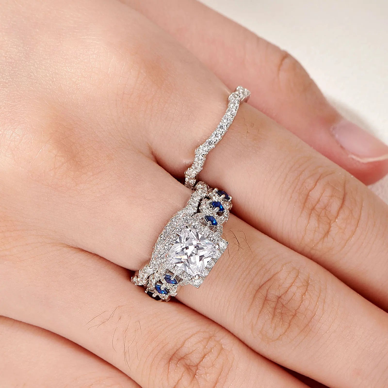 3 Pcs Princess Cut White Blue Rings - Image 5