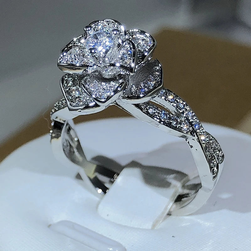 Angelofvogue Sterling Silver Intertwined Three-Dimensional Rose with Full Diamond Ring - Image 7