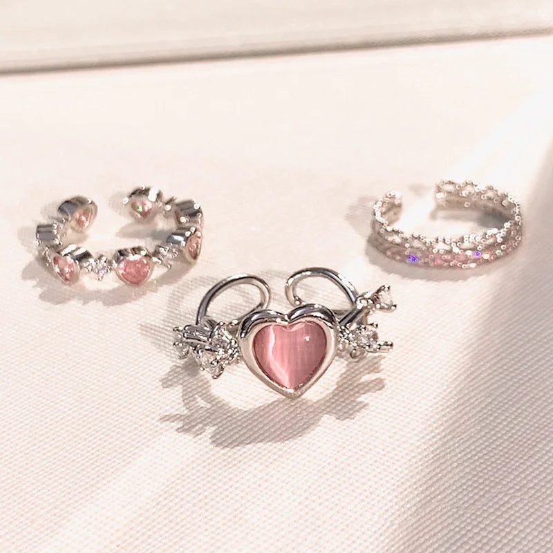 3pcs Fashion Love Heart Zircon Open Rings Set for Women