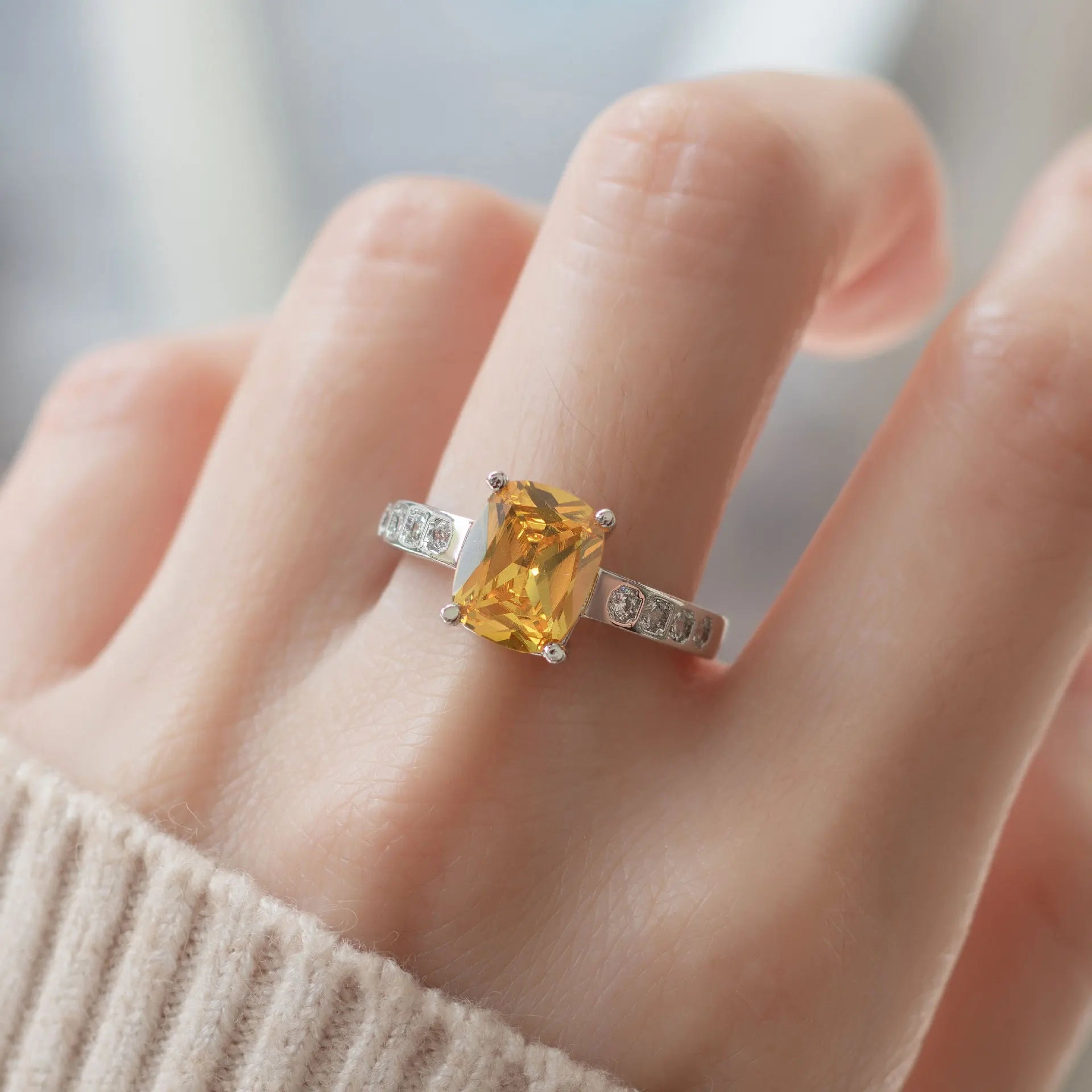 Ecooin Cushion Cut Orange Red Stone Wedding Band - Image 3