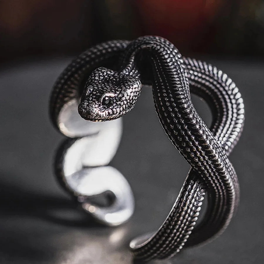 Rock Black Color Python Snake Men Ring