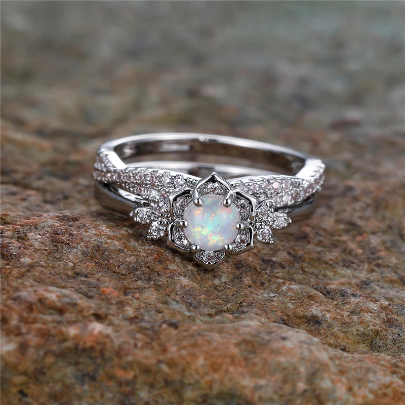 Vintage Female White Fire Opal Flower Engagement Ring