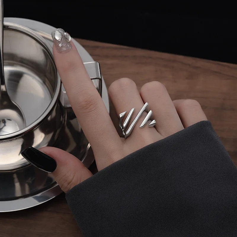 Silver Open Finger Punk Lines Geometric Openwork Simple Stackable Ring