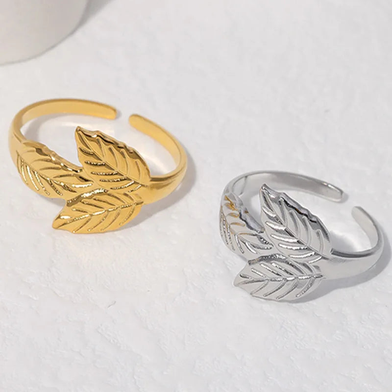 Vintage Stainless Steel Gold Silver Color Leaf Open Adjustable Ring