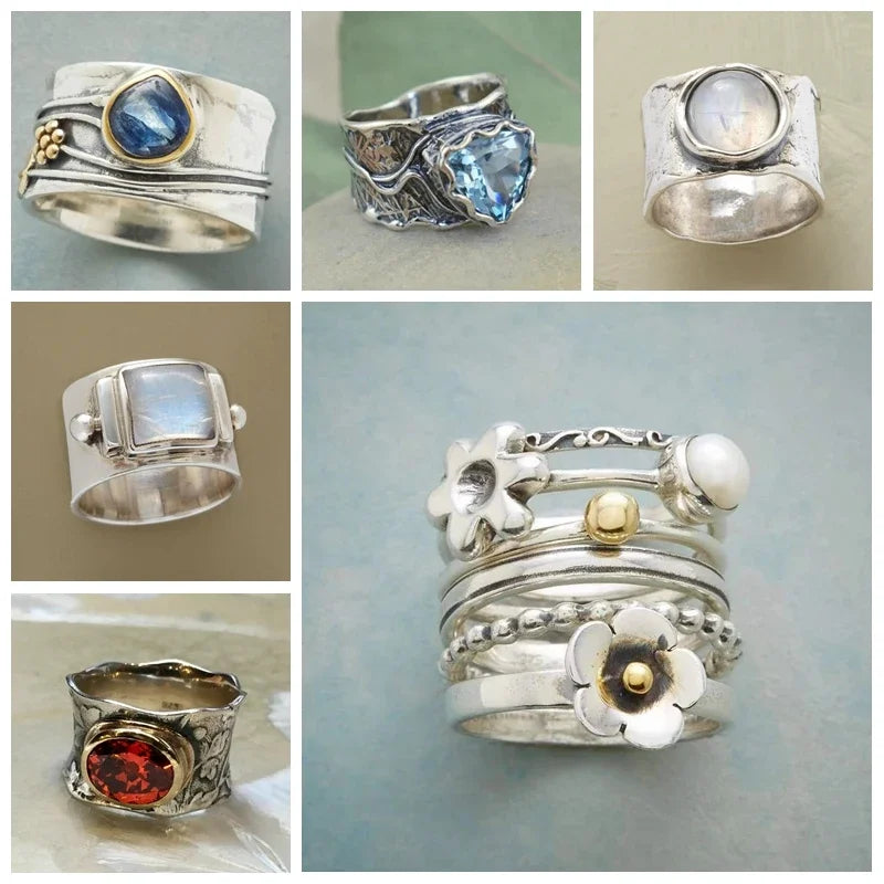 Vintage Tibetan Moonstone Big Healing Crystal Rings