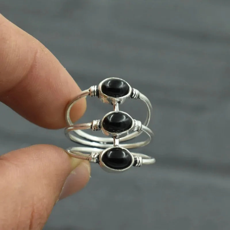 New Fashion Personalized Three-layer Oval Black Agate Design Ring