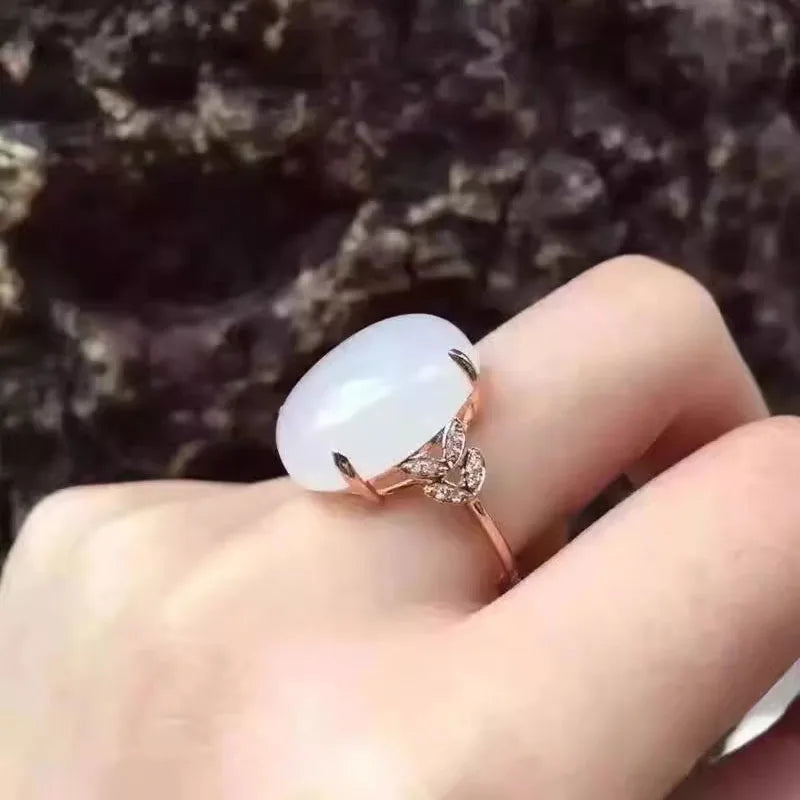 585 Purple Gold Inlaid Natural Jade White Rings