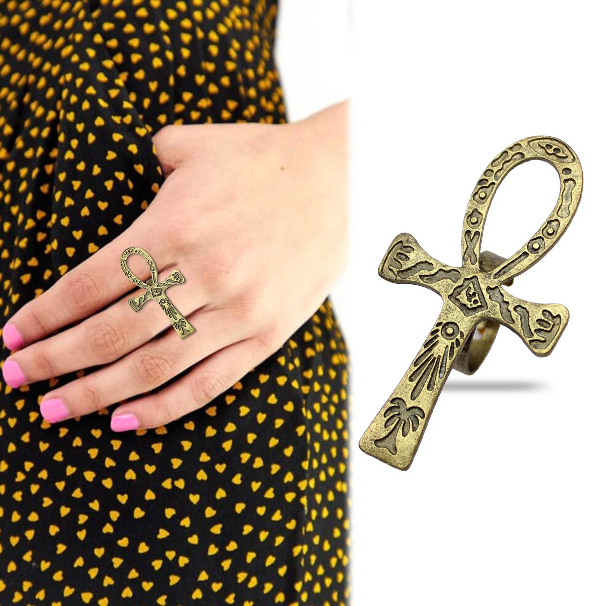 Vintage Carved Egyptian Scriptures Ankh Cross Gothic Band Finger Ring - Image 7