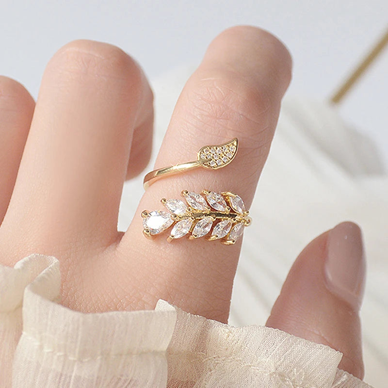 Real Gold Full CZ Leave Ring for Women Adjustable Open