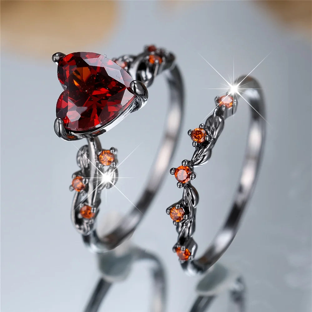 Female Black Red Zircon Stone Heart Engagement Ring