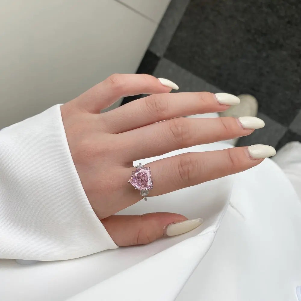 Oclie Sterling Silver Crushed Ice Heart Cut Pink Sapphire Moissanite Ring - Image 7