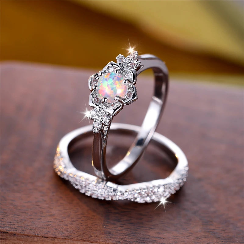 Undiw Vintage White Fire Opal Flower Engagement Ring - Image 4