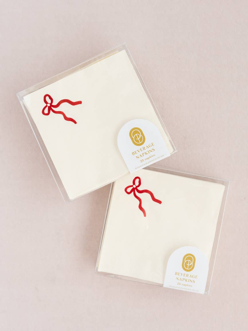 One & Only Paper - Classic Red Bow Cocktail Paper Beverage Napkins - Set of 20