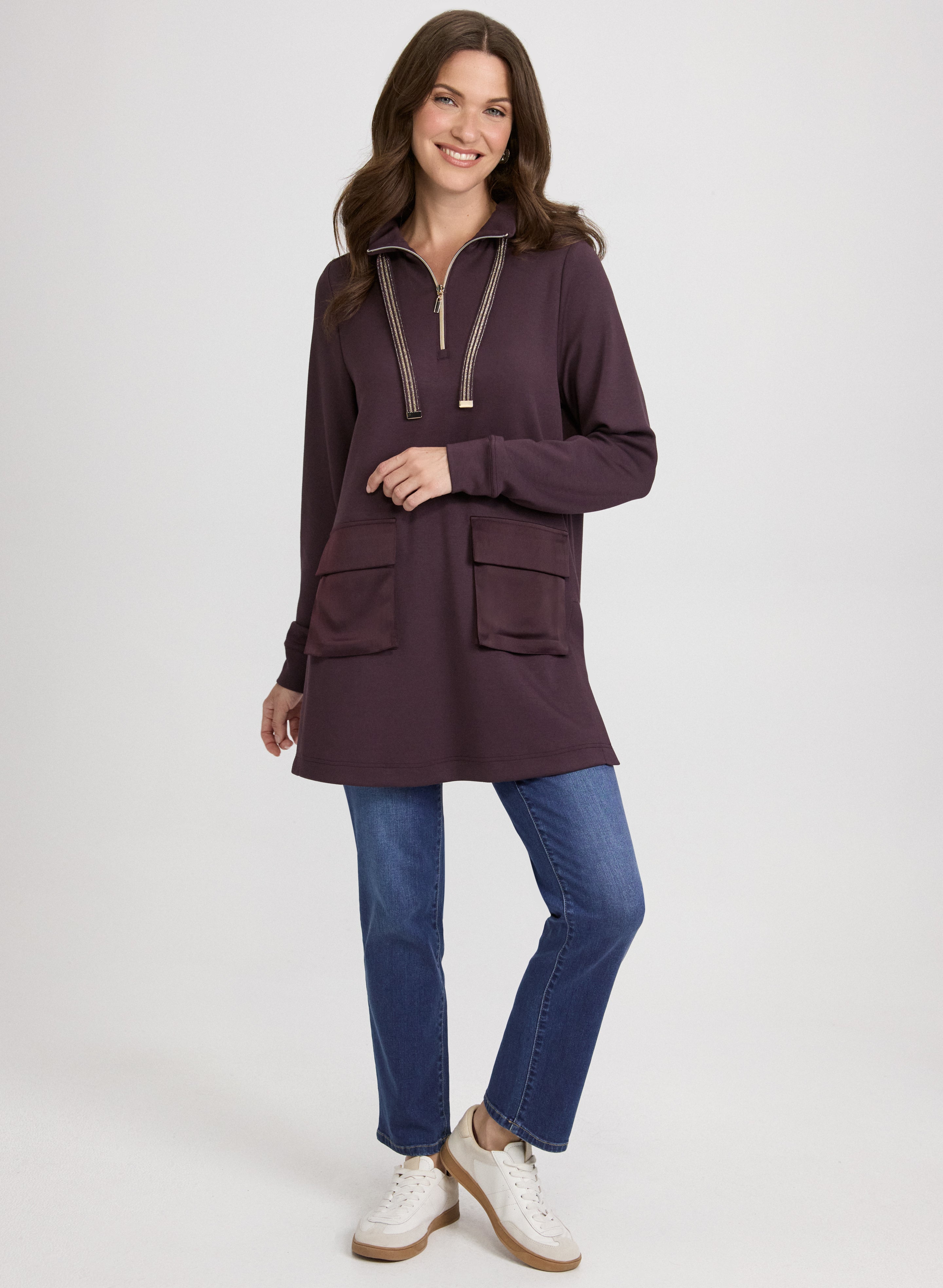 Mock Neck Scuba Tunic & Straight-Leg Jeans
