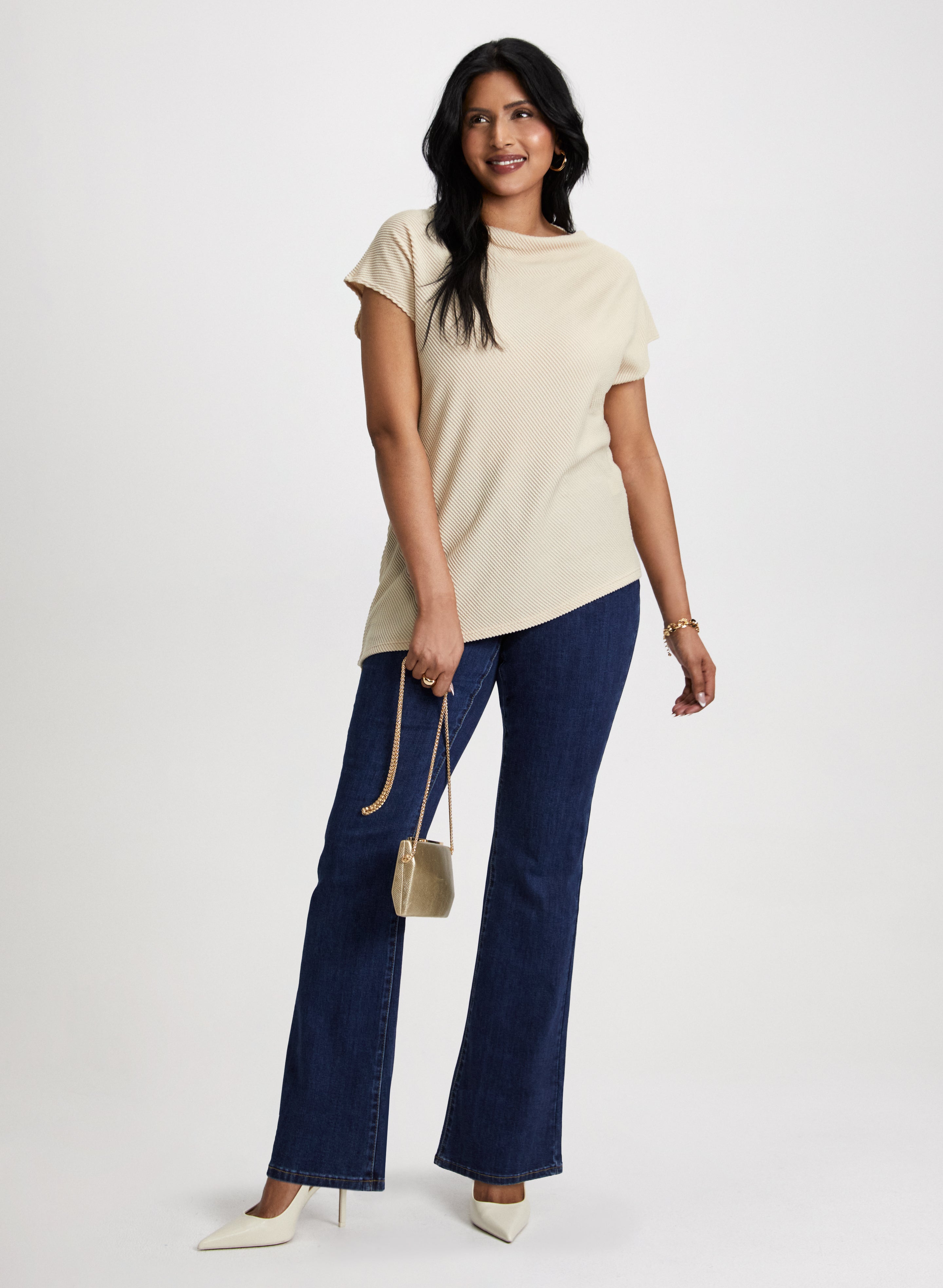 Asymmetric Funnel Neck Top & Bootcut Jeans