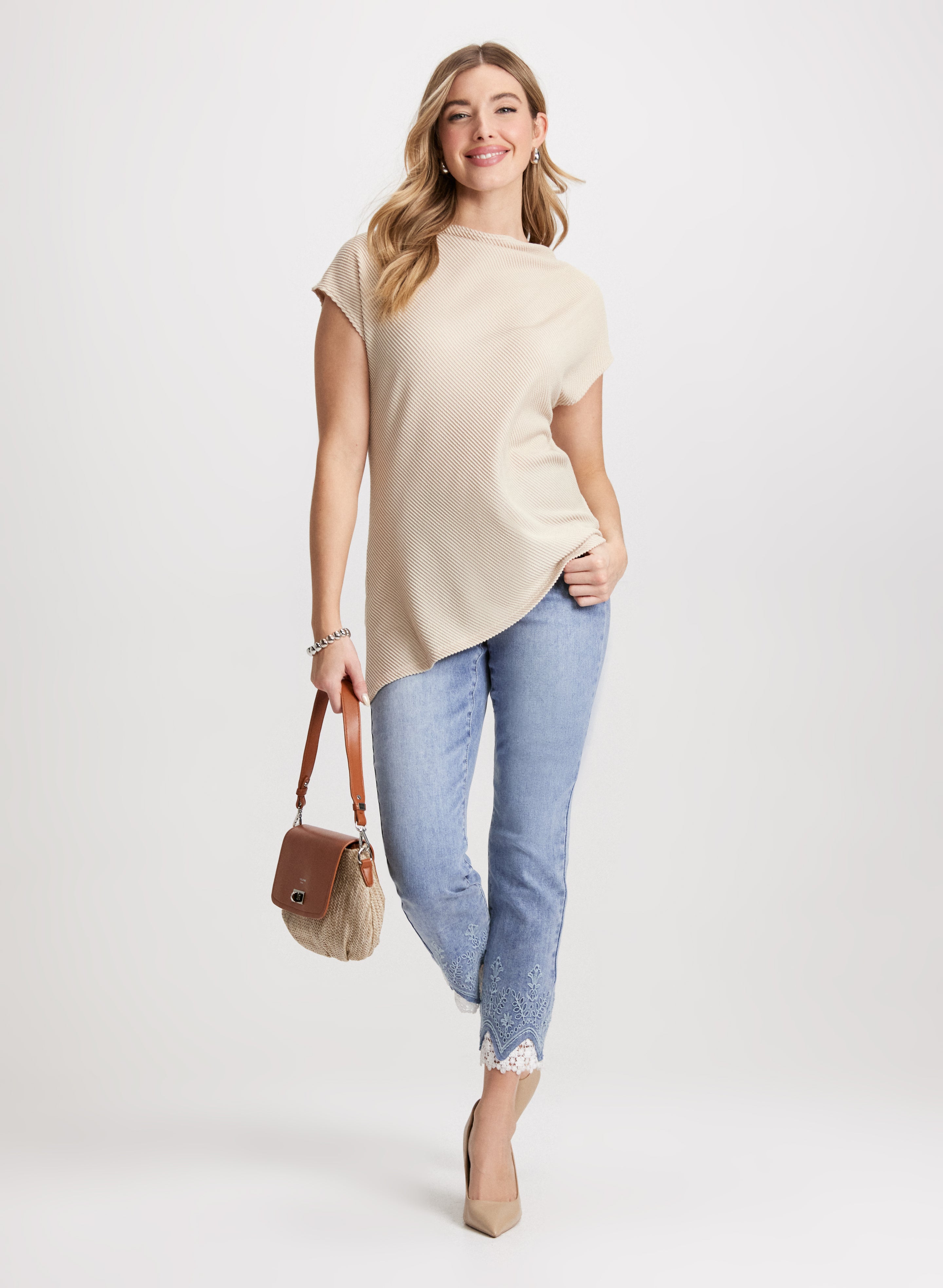 Asymmetric Funnel Neck Top & Lace Hem Ankle Leg Jeans