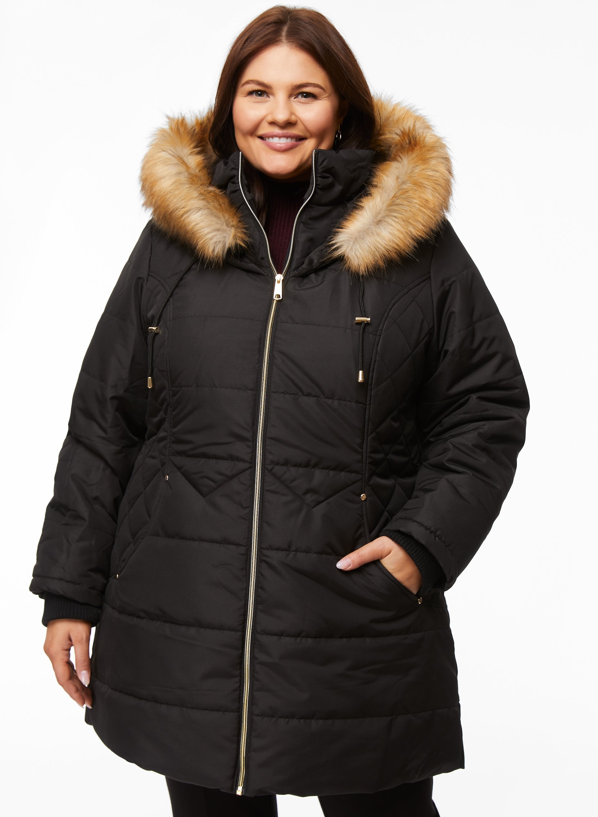 Plus Size Black Quilted Shawl Collar Coat