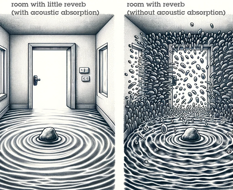 analogy of reverb, reverb vs no reverb, reverberation in a small room diagram