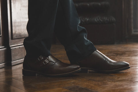 Man wearing a brown Monk Double Strap Sandro Moscoloni.