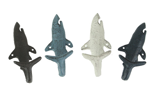 33 Inch Distressed Wood Shark Wall Hook Rack With Metal Accents