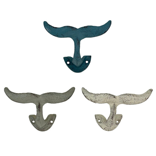 Set of 4 Verdigris Green Cast Iron Whale Tail Wall Hooks - Coastal Elegance  for Hanging Keys, Coats, and Towels - Decorative Nautical Charm - 5 Inches