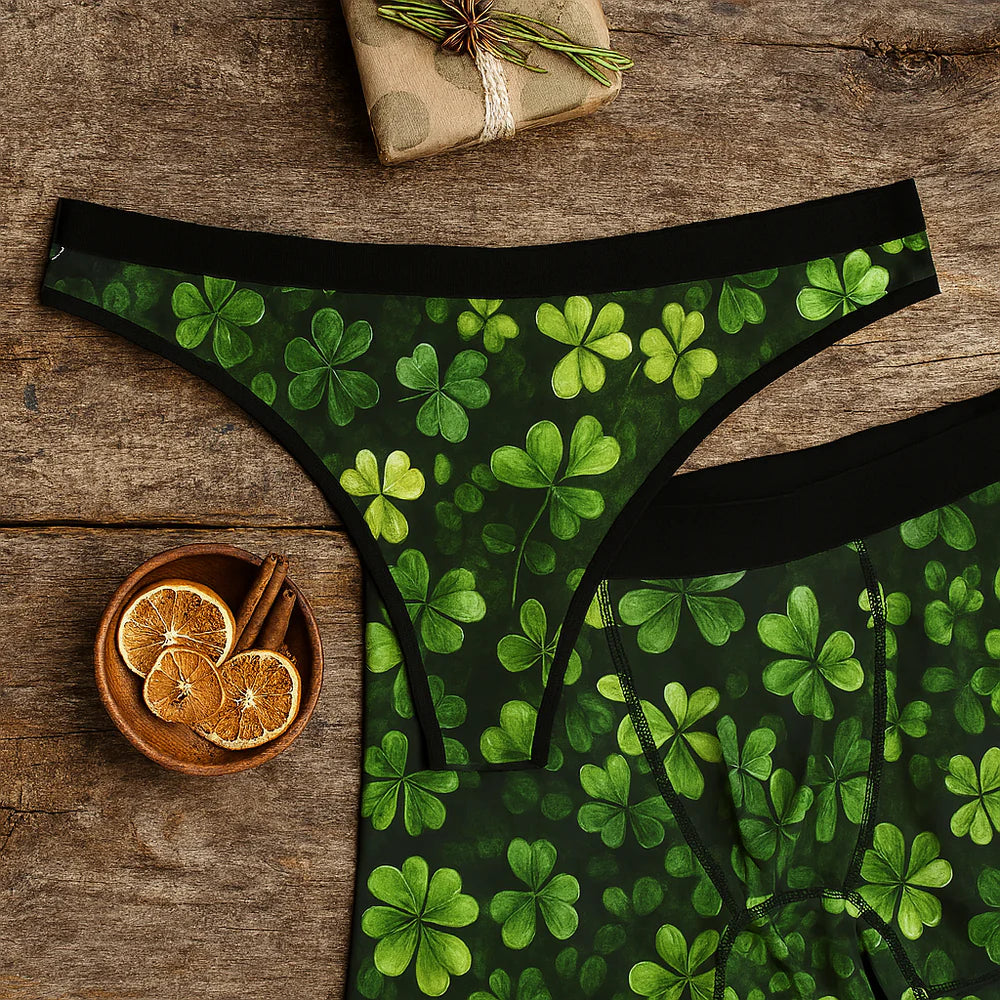 Boxer and thong covered in layered bright green clovers