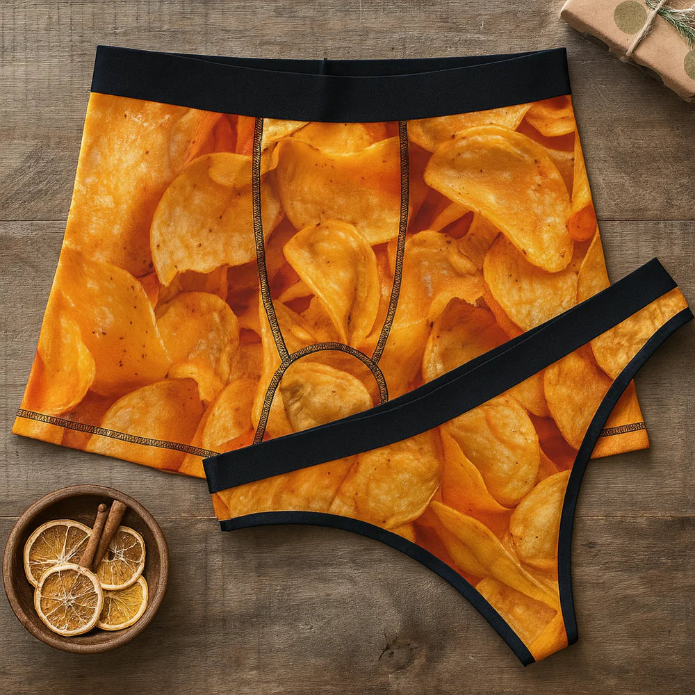 Boxer and thong with golden potato chips pattern