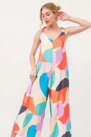 And The Why Tied Shoulder Straps Wide-Leg Geo Print Jumpsuit - WAHUP