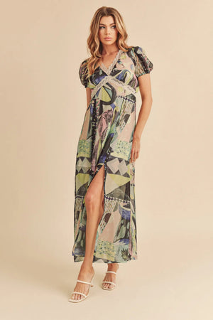 Aemi + Co Lace Detail Slit Geometric Print Short Sleeve Maxi Dress - WAHUP