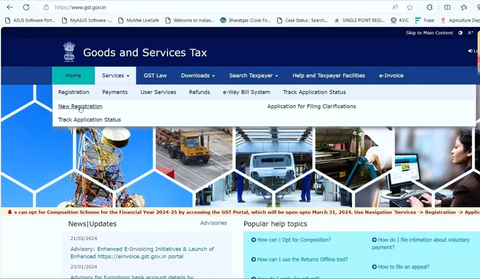 Log in to the GST portal and navigate to ‘ Services ’> ‘ Registration’> then click on New Registration.