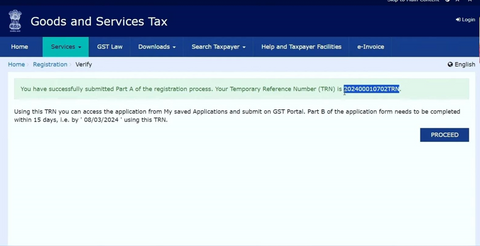 After completing the Part A of the registration process, you will get the TRN number.