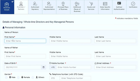 After clicking on the action button, fill all the required details including Business Detail, Promoter, Signatory Authorized, Authorized Representative, Principal Place of Business, Additional Place of Business, Goods and Services, State Specific Information and Aadhaar authentication.