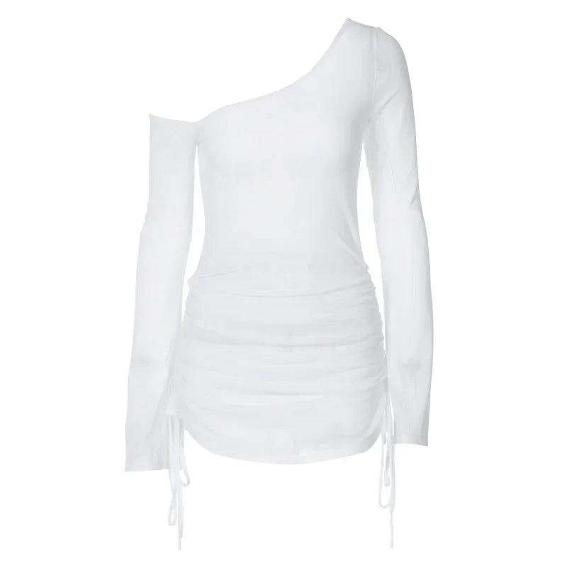 White see-through long sleeve one-shoulder mini dress for women
